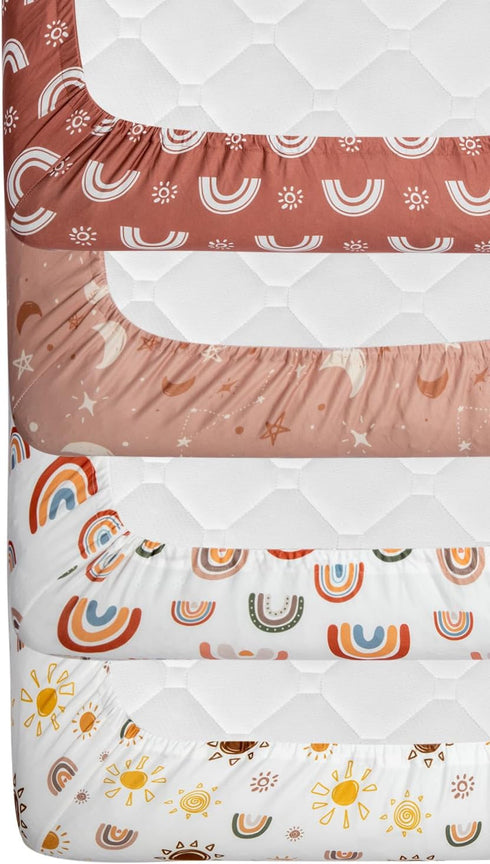 Jola's House 4 Pack Crib Sheets Boho Nursery Sheets Sunshine and Rainbow Desdign Neutral Unisex Fitted Baby Standard