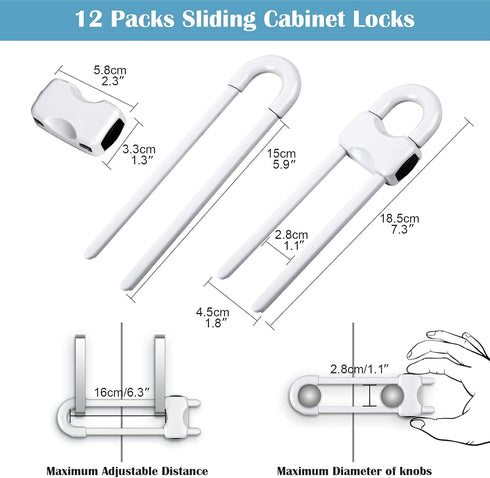 12 Packs Baby Proofing Sliding Cabinet Locks, Adjustable U-Shaped Child Safety Latches for Handles, Knobs, Drawers