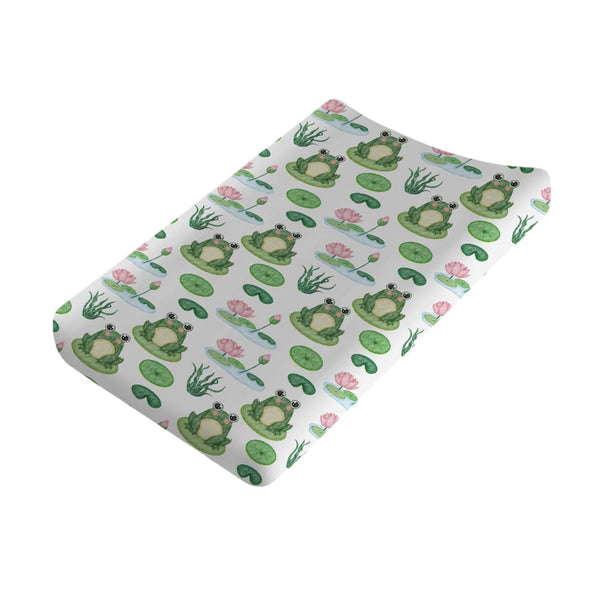 Cartoon Frogs Flower Leaves Pond Changing Pad Covers, Soft Breathable Stretchy Fitted Baby Changing Table Pad Mats