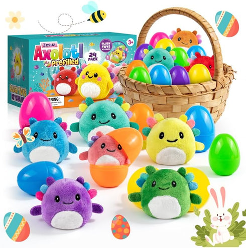 24 Pack Easter Basket Stuffers Easter Basket Essentials Prefilled Plastic Eggs with Axolotl Plush Toys Mini Mexican