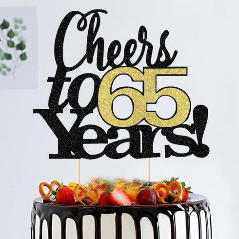 LVEUD Black Font Golden Numbers Cheers to 65 Years Happy Birthday Cake Topper for Wedding, Anniversary, Birthday Party