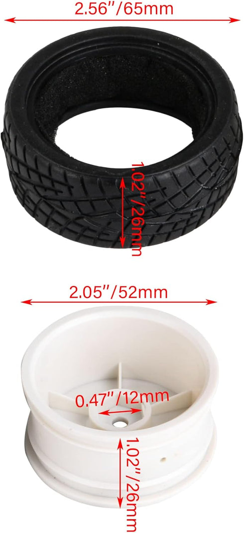 Mxfans White Plastic Smooth Flat Disc Wheel Rims + Striped Pattern Rubber Tires for RC 1:10 Racing Car (Set of 4)