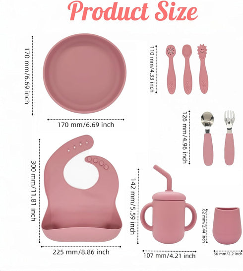 Set 6+ 9pcs Silicone Baby Feeding BPA-Free Food Grade Silicone, Suction Plate, Bib, Training Cup & Utensils for Baby