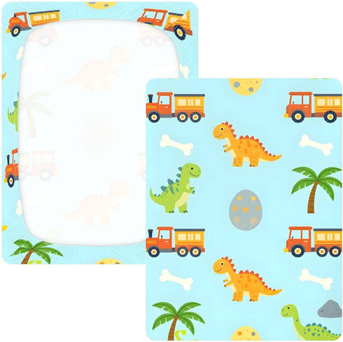 CZXW 52" 28" Cartoon Dinosaurs and Construction Vehicles Crib Sheets Fitted x Natural Cotton Soft & Breathable for Baby