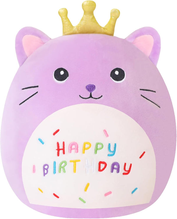 SQEQE Kawaii Cat Stuffed Animal, 10 Inch Plushie with Golden Crown, Birthday Party Decoration Gift for Kids