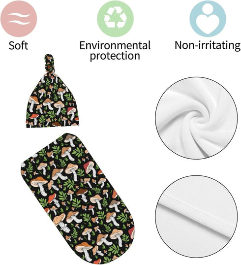 zhedongsj Set, Mushroom Newborn Swaddle Blanket with Hat and Bow Soft Swaddling Sack Gift for Mushroom Baby Items Stuff
