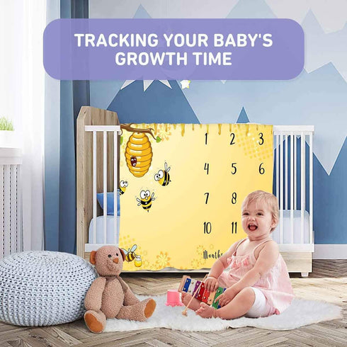 Baby Age Milestone Blanket, Bee Honeycomb Growth Chart for Nursery, 1-12 Months, Includes 4 Frame and 1 Headband 47"x40"