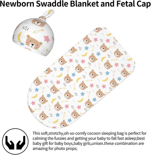 JGUcxnv Set 0-6 Bear Newborn Swaddle Blanket with Beanie Hat, Soft Stretchy Baby Swaddle Sack and Adjustable Knot Hat
