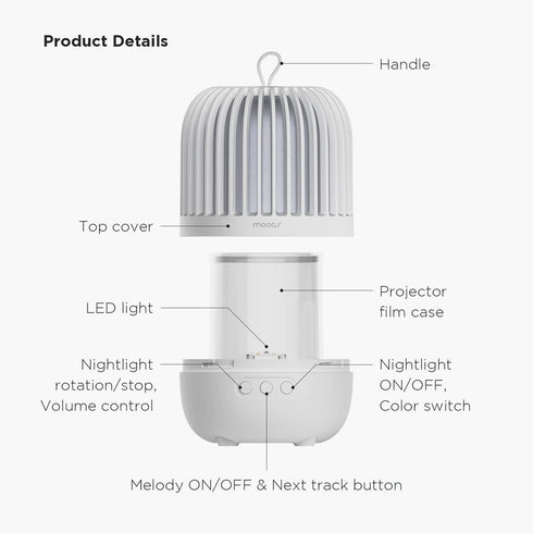 360 4 8 9 1200mAh mooas Rotating Projector Melody Nightlight (White), Rotating Nightlight, Wonderland Night Light
