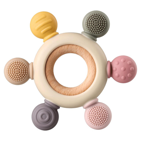 Baby Teething Toys, Silicone Chewable Toys with Organic Wooden Ring for Infants 3+ Months, Soothing Sore Gums (6