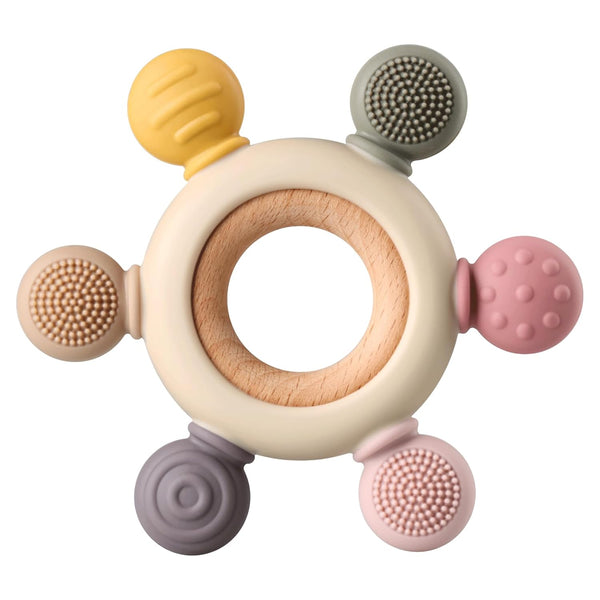 Baby Teething Toys, Silicone Chewable Toys with Organic Wooden Ring for Infants 3+ Months, Soothing Sore Gums (6