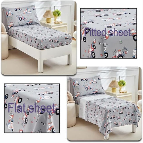 Set Boys,4 Set,Truck Set Construction Toddler Bedding for Pieces Gray Toddler Comforter Vehicles Excavator Cars
