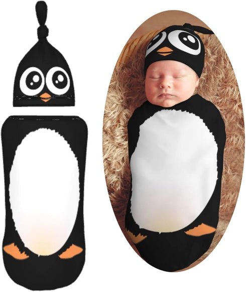 Cute Penguin Newborn Swaddle Blankets Hat Sets, Soft Baby Receiving Blanket Swaddle Sack Gift for Infant Boy Girl