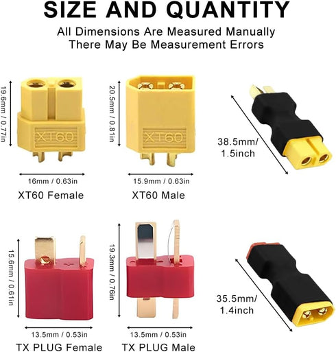 XT60 to T plug Adapter,XT60 to T plug Connector without Wires RC LiPo Battery Connectors (XT60 to T plug Male & Female Adapter)