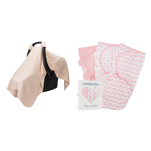 Comfy Cubs Baby Car Seat Cover and Easy Swaddle Blanket Bundled (Large,