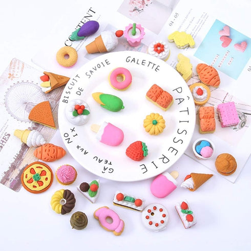 72 Pcs Assorted Food Pencil Erasers Toy Set, Cake Dessert Fruit Puzzle Toys for Kids Reward Party Favors