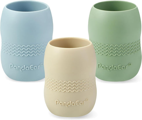 PandaEar 3 Pack Tiny Silicone Drinking Training Cups for Baby and Toddler (Blue/Green/Tan)