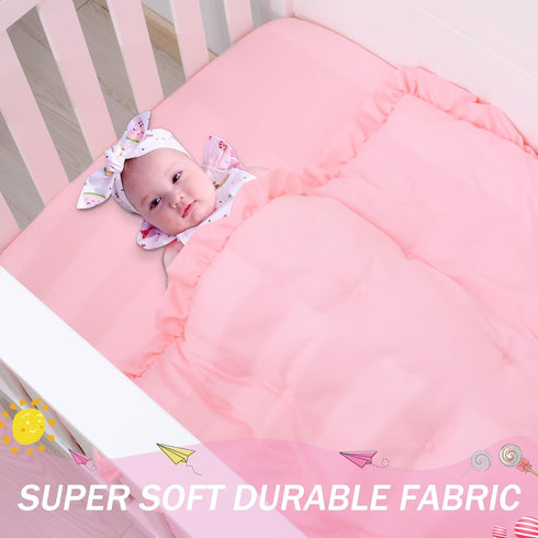 3 Set Set Cloele Pieces Crib Bedding for Girls- Solid Ruffle Quilted Includes Comforter Fitted Sheet Crib Skirt,Cute