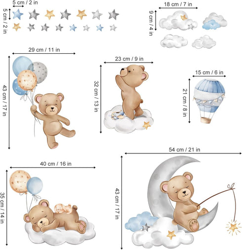 decalmile Bear Sleeping on The Moon Wall Decals Hot Air Balloon Animals Clouds Wall Stickers Baby Nursery Kids Bedroom