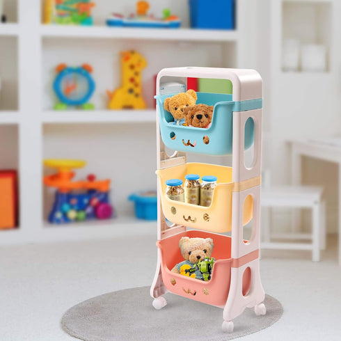 YIYIBYUS 3-Tier Kids Toy Box Storage Organizer Utility Rolling Cart with Universal Wheels, Cute Smiley Design, Doll