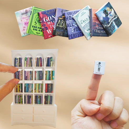 M.Zibos 1:12 4 100 Mini Bookshelf for Anxiety Relief - Scale Vintage Bookcase with Drawers & Mini Books, Dollhouse