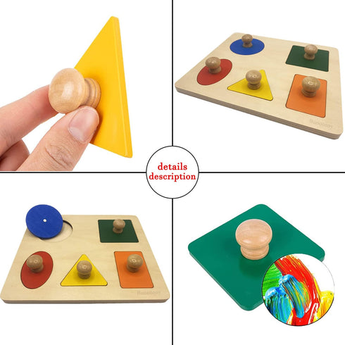 Montessori Multi Shape Wooden Puzzle Toy, Jumbo Wood Peg Educational Basic for Baby Toddler (5 Geometry Shape)