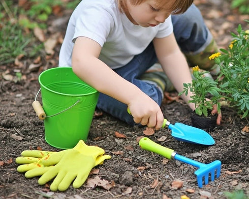 2 Pack Set JustForKids Garden Tool Green & Blue Metal Pails with Mini Shovel, Rake & Cultivator, Wooden Handles Outdoor