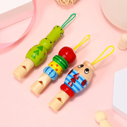 Kisangel Kids Musical Toys 3 Pcs Wood Carved Animal Whistle Noise Makers for Birthday Bag Fillers (Random Color)
