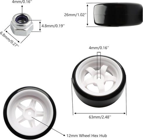 4PCS 12mm Hub Wheels, 1:10 63mm Hard Plastic RC Drift Cars On Road Touring Racing Bald Tires for Traxxas HSP Tamiya