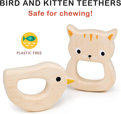 mentari Bird and Kitten Teether, Natural Wood, Handheld Baby Teething Toy, Safe and Soothing