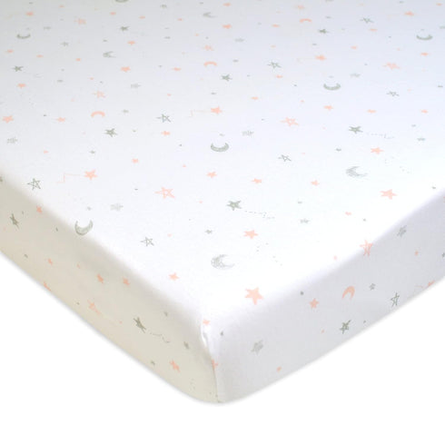 American Baby Company 2 Pack 100% Natural Cotton Fitted Pack and Play Sheets, 39" x 27", Pink Stars/Zigzag