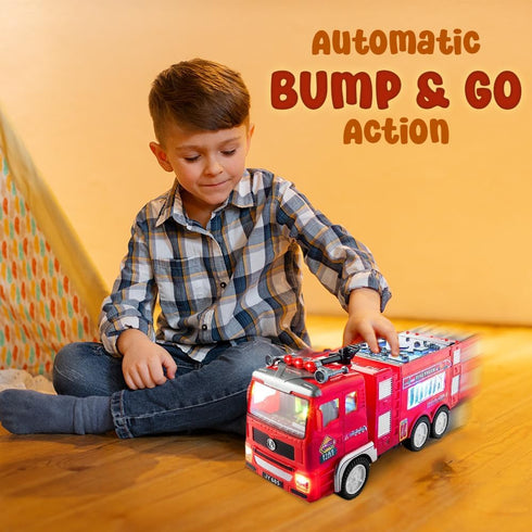 Zetz Brands Fire Truck Toy for Kids, 4D LED Lights, Bump & Go Fire Engine with Siren Sound, Ideal Birthday Gift