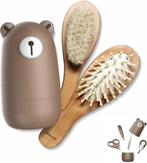 6-in-1 Baby Grooming Set, Natural Wooden Hairbrush and Comb, Nail Clippers,Nail Scissors,