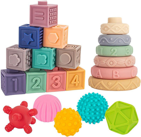 Springflower 3 in 1 Montessori Toys for Babies 0-12 Months - Soft Teething Toys & Stacking Blocks, 23 PCS