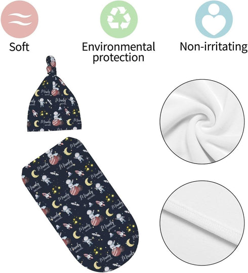 Munific Set Personalized Baby Swaddle Blanket for Boys, Custom Name Space Receiving Blanket with Beanie Knotted Hat