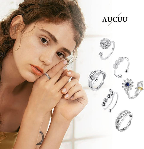 Aucuu 6PCS Set Anti Anxiety Fidget Ring for Women, Open Adjustable Ring, CZ Cubic Zirconia Diamond Rings, Rotatable