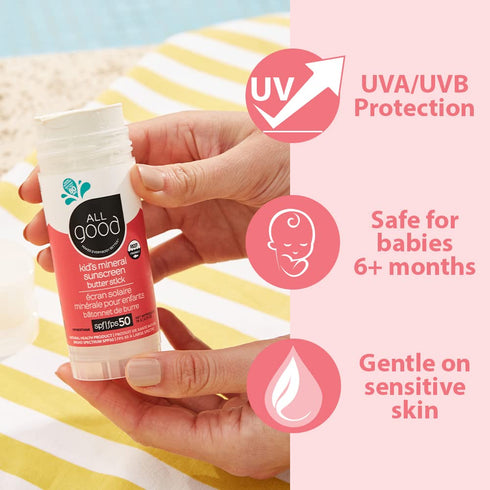 50, (2.75 oz)(2-Pack) All Good Baby & Kids Mineral Sunscreen Butter Stick for Face, Nose, Ears - UVA/UVB Broad Spectrum