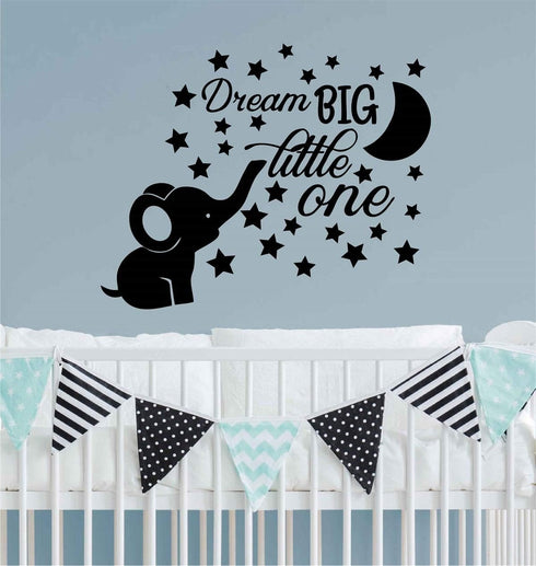 Dream Big Little One Wall Decor Stickers - Lovely Elephant and Moon Stars for Kids Room (Black)
