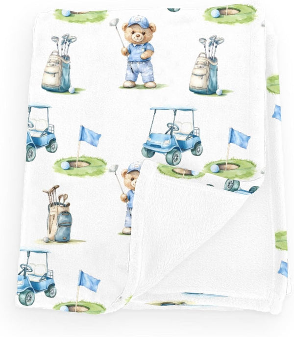 Wicbfdfv Cute Bear Golf Cart Blue Baby Blankets for Boy Girl Bears Sport