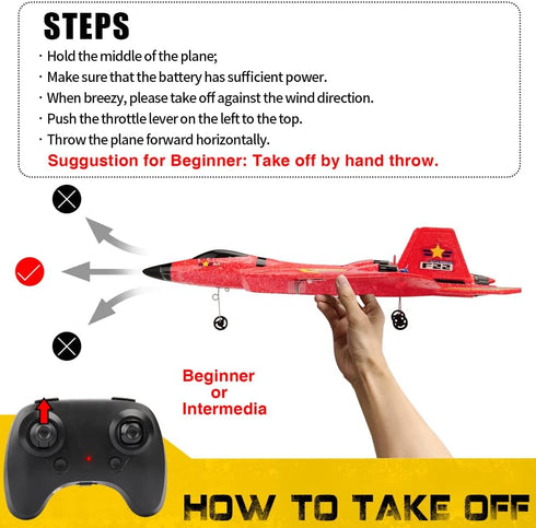 ANTSIR Remote Control Plane F-22 Raptor - 2.4Ghz Smart Gyroscope RC Airplane with Light Strip, Red