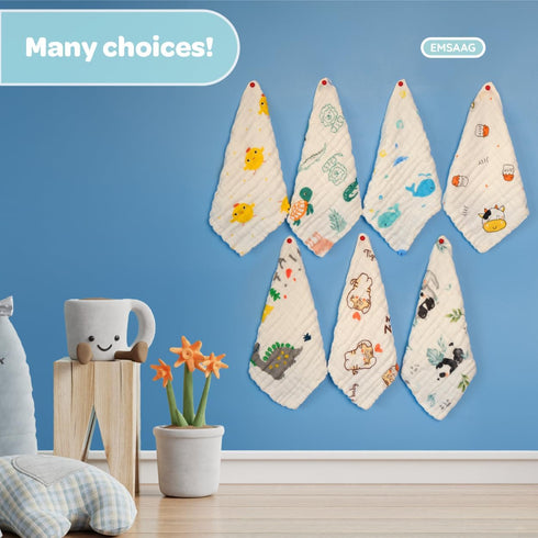 EMSAAG Pack 7 100% Gift Boxed Animal Pattern Baby Washcloths of - Absorbent Bath and Face Towels, Soft Sweat Cloths