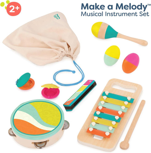 9 2+ B. toys Make a Melody Pieces Wooden Musical Instruments Xylophone, Tambourine, Harmonica Drawstring Storage Bag