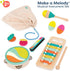 9 2+ B. toys Make a Melody Pieces Wooden Musical Instruments Xylophone, Tambourine, Harmonica Drawstring Storage Bag