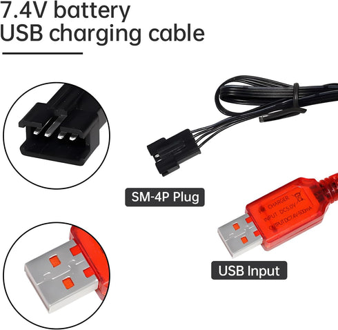 2PCS 7.4V 500mah SM-4P Plug Charging Battery - USB Charging Cable for EC16 DE85 RC Toy Car Model