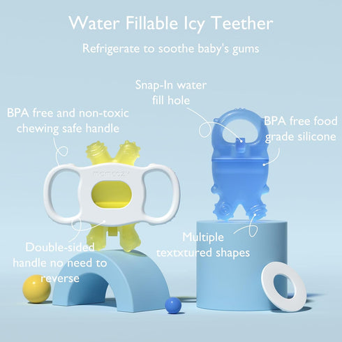 Momcozy Baby Teether Toys, Water Fillable Teether Silicone Cold Teether, Baby Teething Toys Chill Teether, Baby Water Teether for Teething Relief 0-12 Months, Green and Pink 2 Pcs