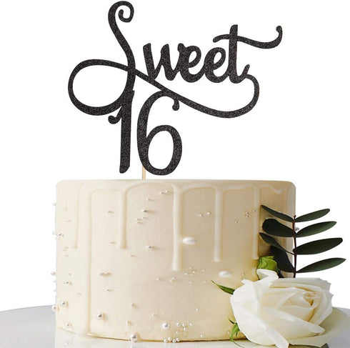 Black Glitter Sweet 16 Cake Topper for 16th Birthday Party Decoration Supplies