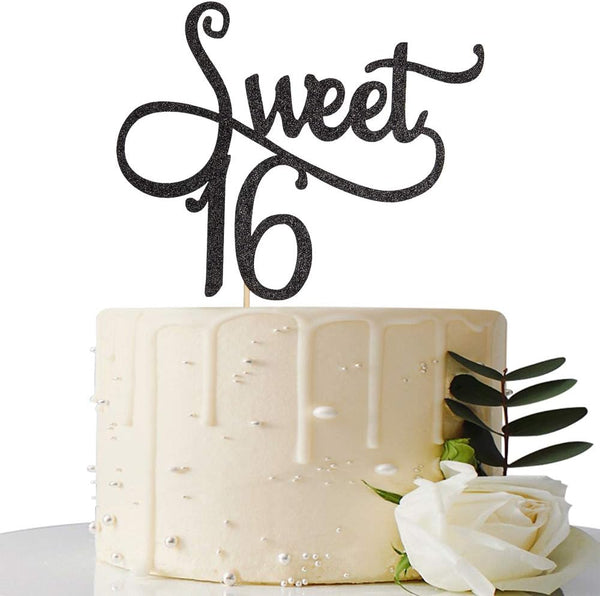 Black Glitter Sweet 16 Cake Topper for 16th Birthday Party Decoration Supplies