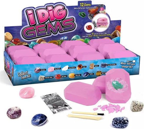 12-Pack Gem Digging Kit for Kids - Educational STEM Crystal and Mineral Excavation Science Toys