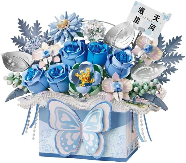 Mini Building Blocks Portable Flower Bouquet Gifts Box with Light, Blue Rose