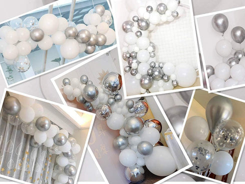 White and Silver Balloons Garland Arch Kit, 5"10 Inch 12" Metallic Confetti Latex Balloons for Party Decor